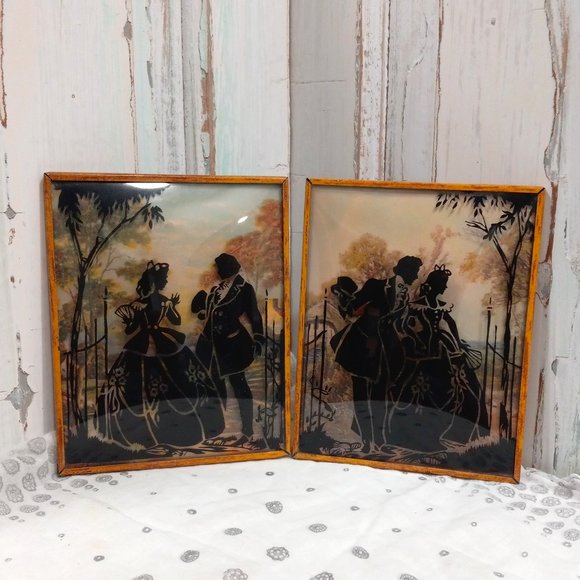 Antique Reverse Silhouette Bowed Glass Courting Couple Paintings - Picture 1 of 6